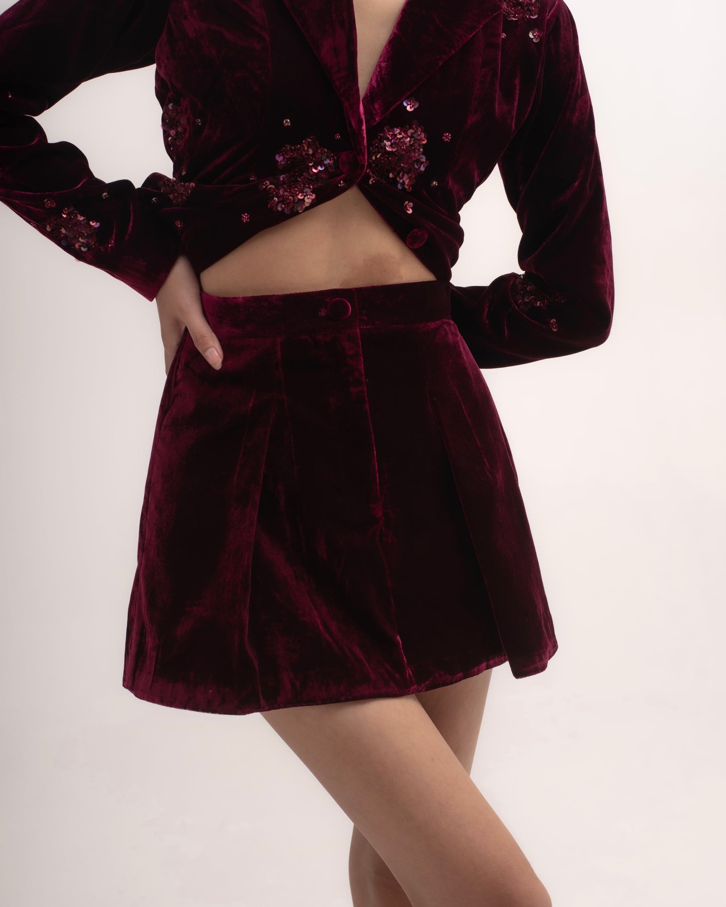 Silk-velvet pleated mini skirt