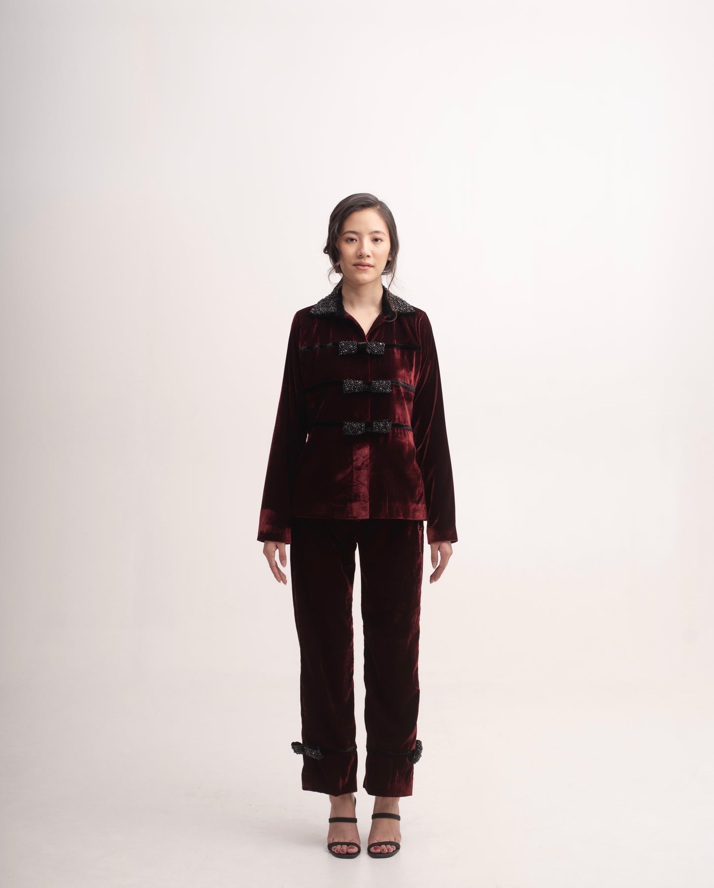 Silk-velvet collared shirt jacket with embellished bows