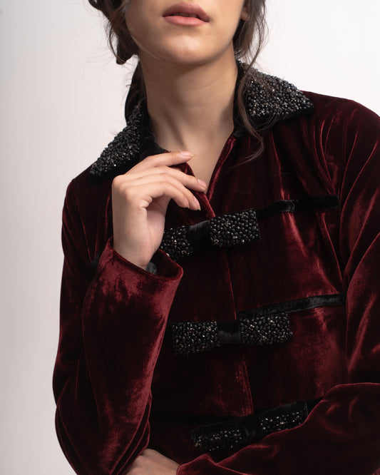 Silk-velvet collared shirt jacket with embellished bows