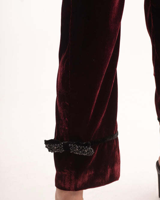 Silk-velvet high-waisted trousers with embellished bows