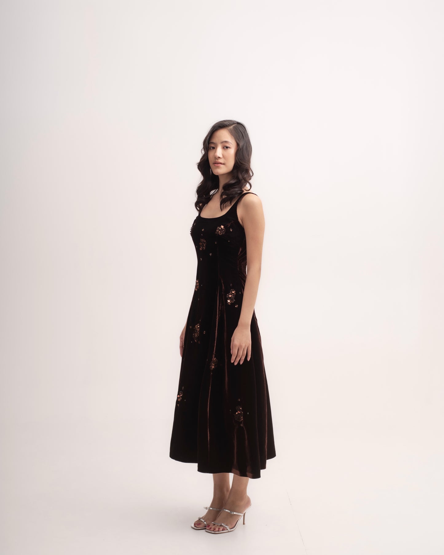 Sleeveless flared silk-velvet sequinned midi dress