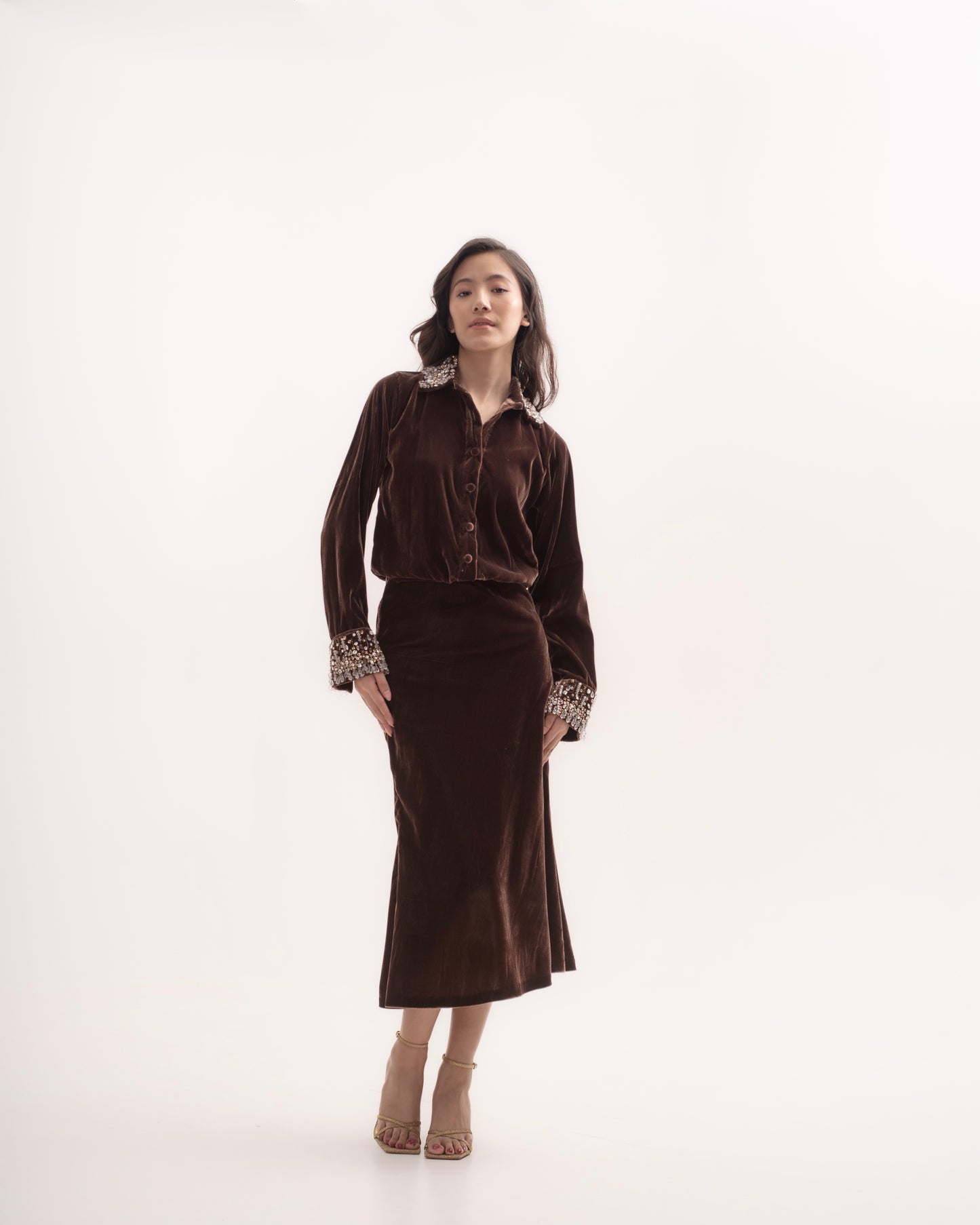 Long-sleeved embellished midi silk velvet dress