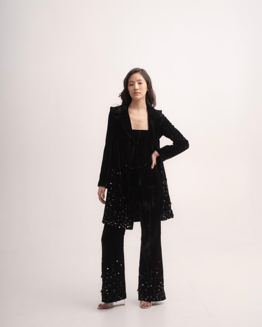 Silk-velvet midi trench coat with sequin embellishing