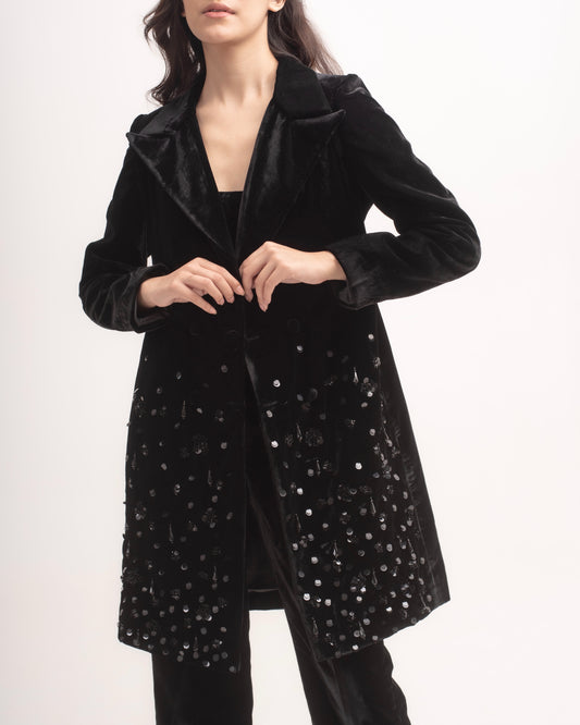 Silk-velvet midi trench coat with sequin embellishing