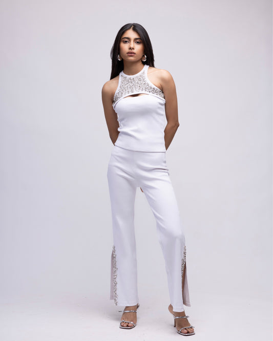 Ribbed side slit trousers with embellishments